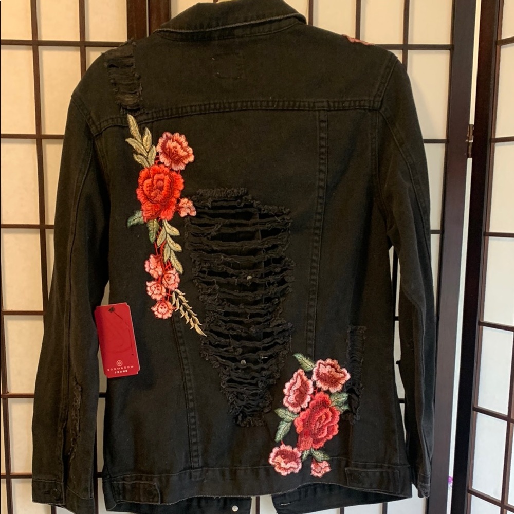 Boom Boom Jeans Black Distressed Jacket with Floral Embroidery💐
